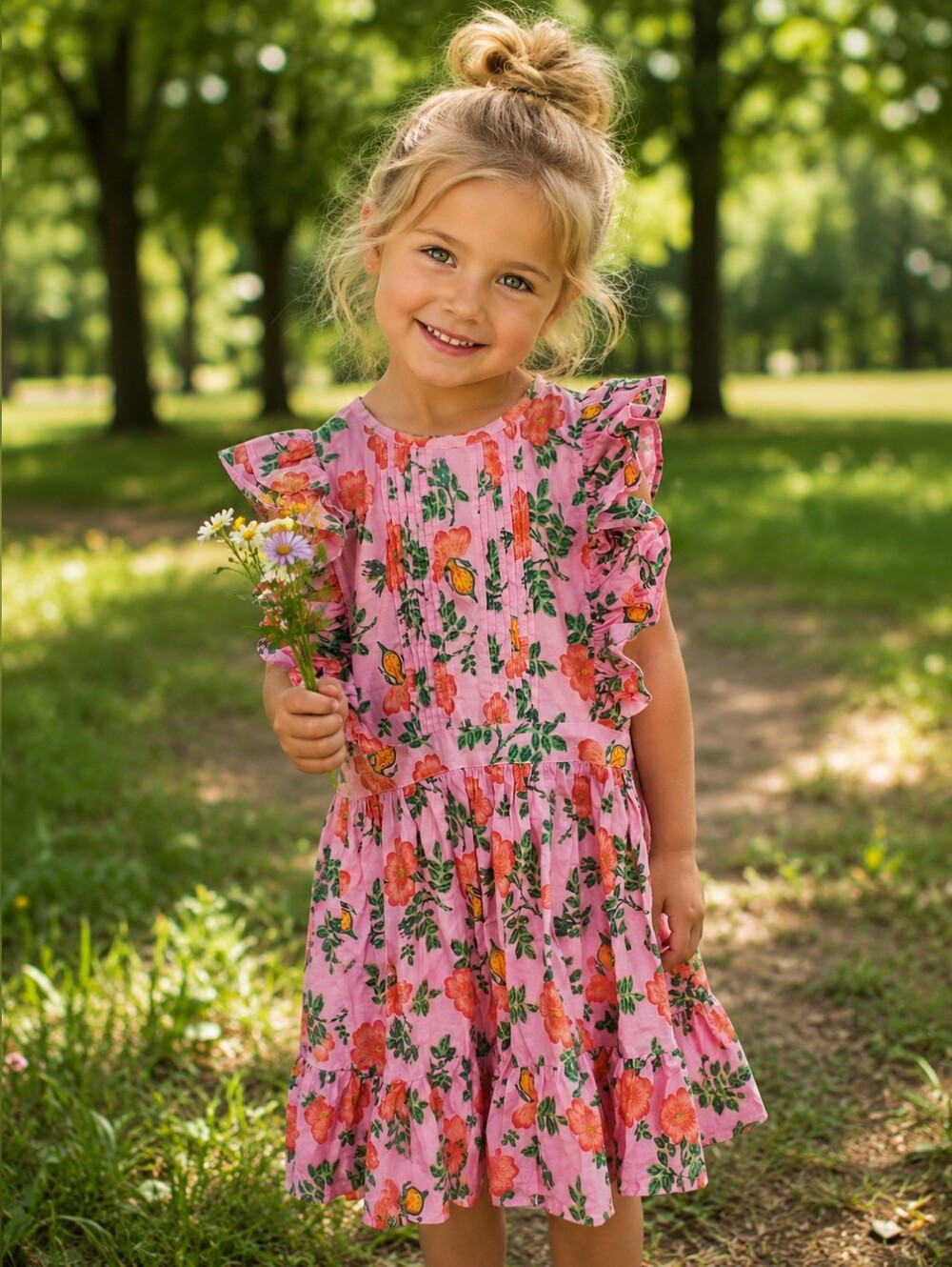 #84 Girls' Pink Floral Ruffle Sundress
